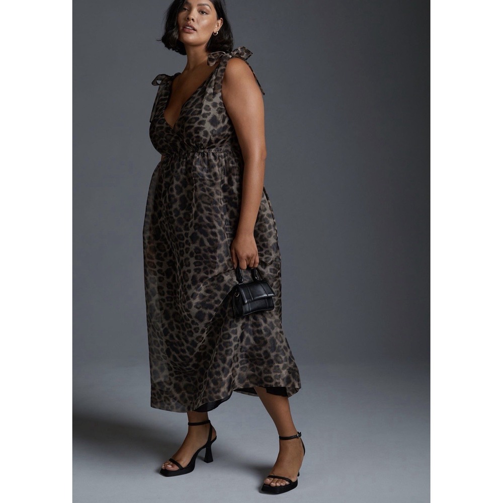 Anthropologie Daniel Rainn Leopard Print Organza Empire Waist Maxi Dress Plus 2X
